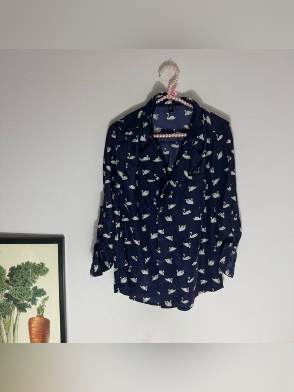 Navy blue swan print button up size Medium
